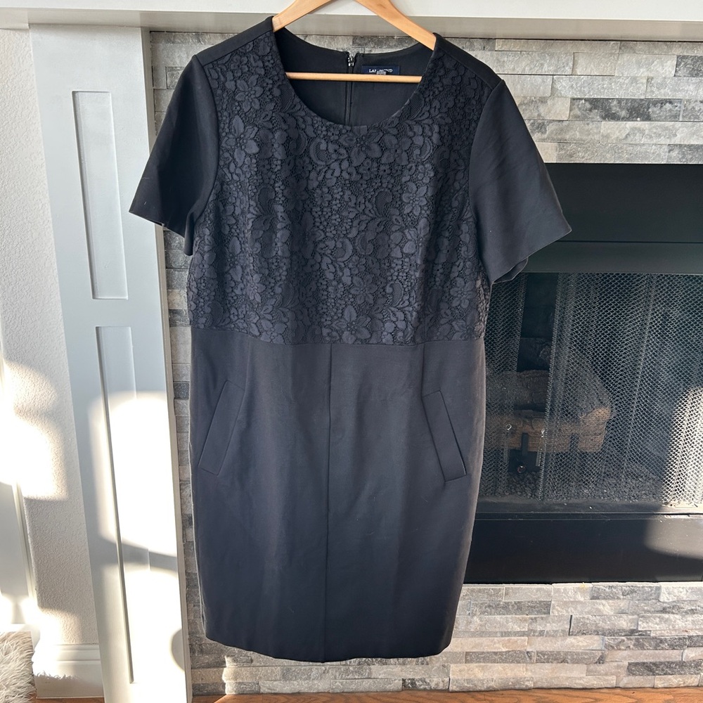 Lands’ End Plus Size 20W Black Lace Sheath Dress Short Sleeve Pockets